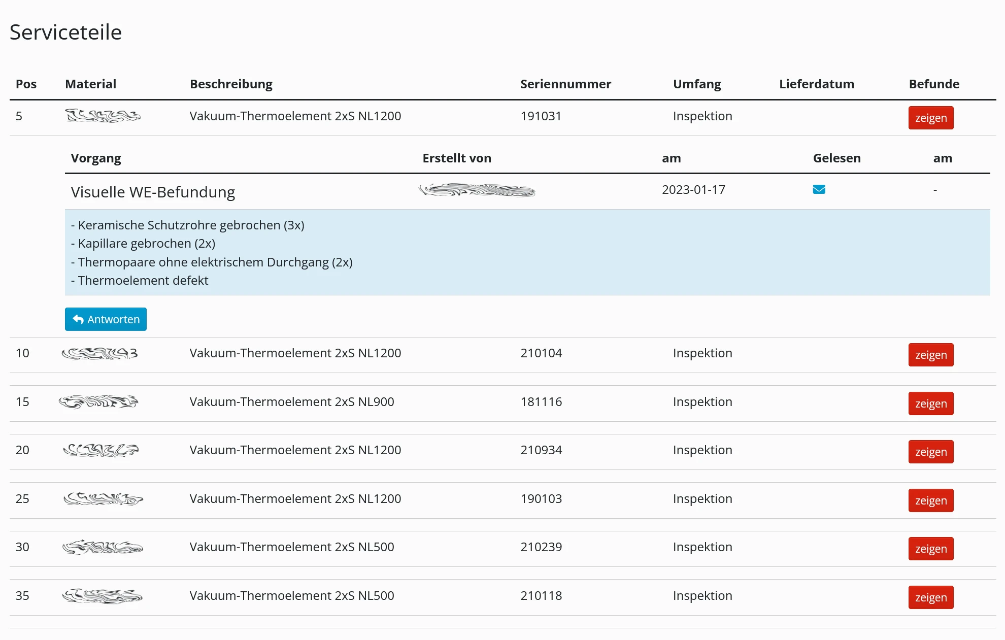 Dashboard des Kundenportals für Thermoelement Reparatur